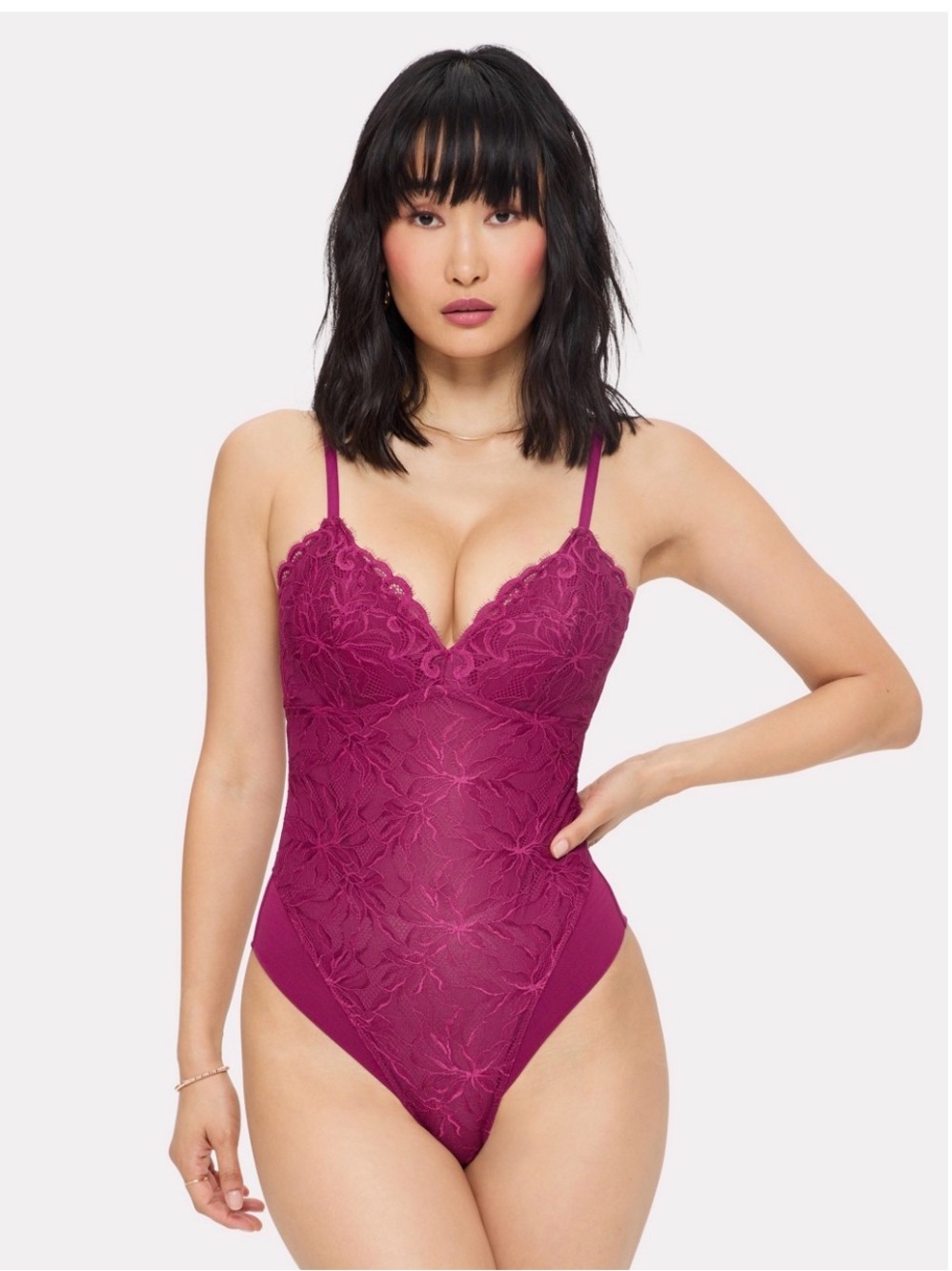 Fabletics Floral Lace V-Neck Bodysuit in Magenta
